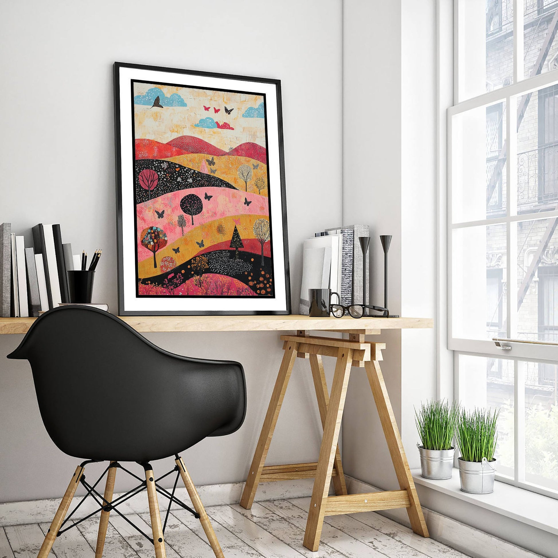 Rolling Hills Landscape Art Print - Butterfly Meadow Poster - Folk Art Painting - Fuchsia Taupe and Jet 2/3