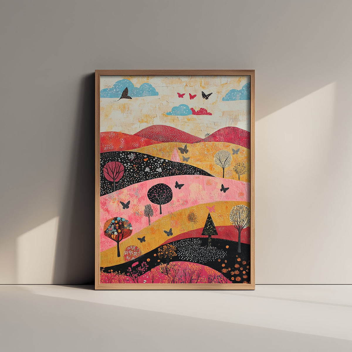 Rolling Hills Landscape Art Print - Butterfly Meadow Poster - Folk Art Painting - Fuchsia Taupe and Jet 2/3