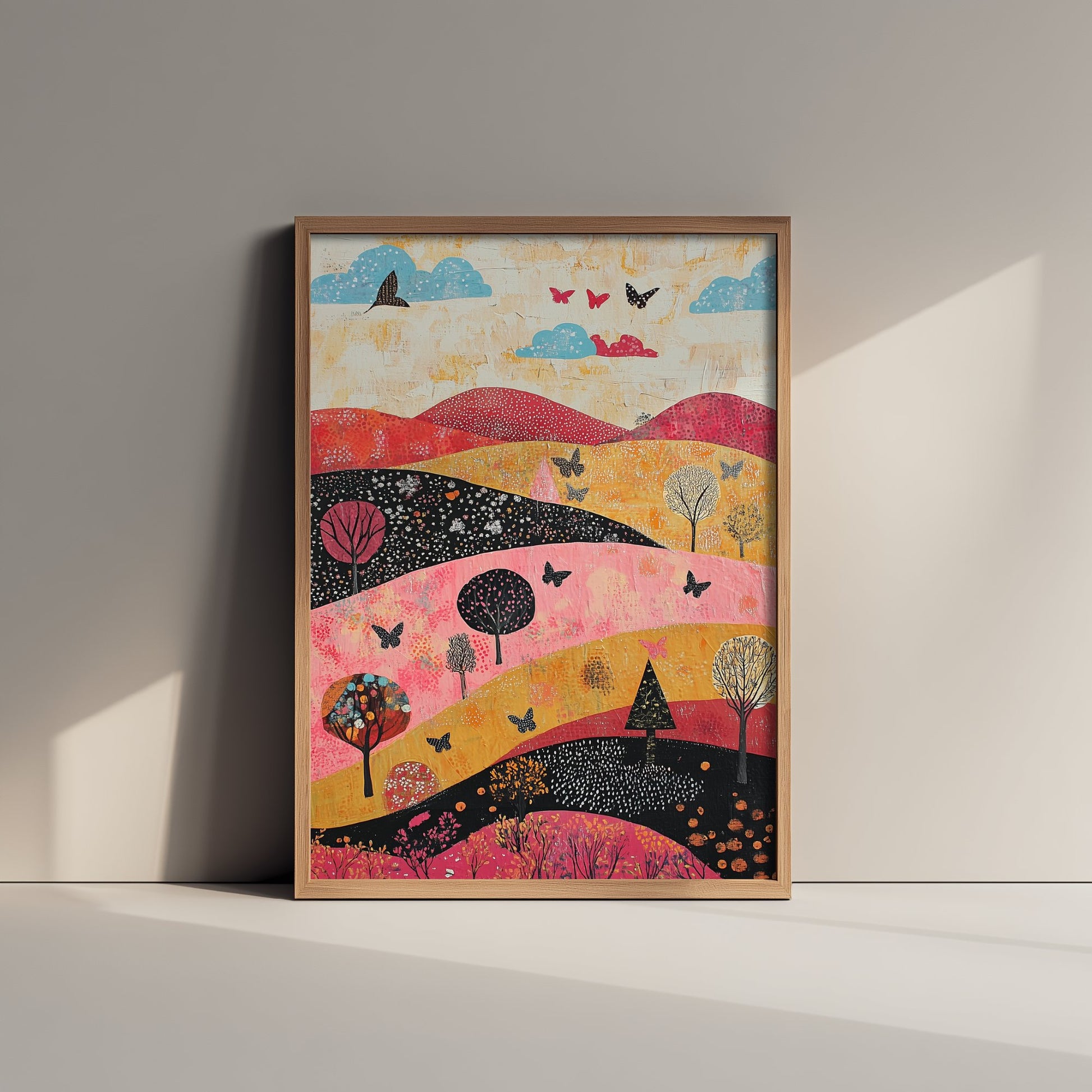 Rolling Hills Landscape Art Print - Butterfly Meadow Poster - Folk Art Painting - Fuchsia Taupe and Jet 2/3