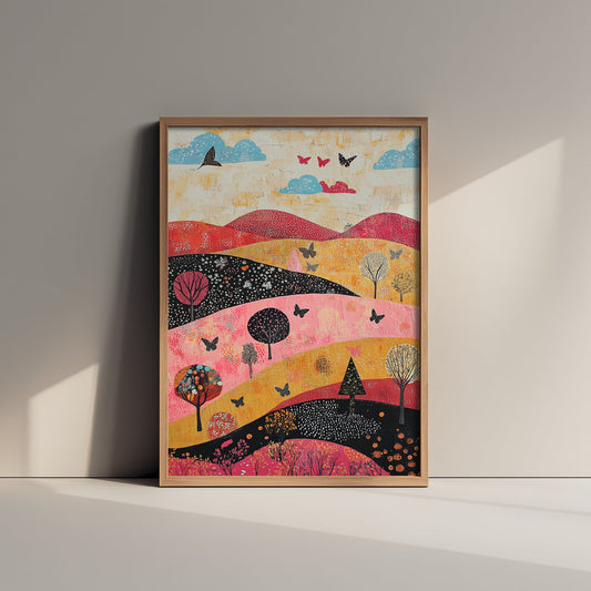 Rolling Hills Landscape Art Print - Butterfly Meadow Poster - Folk Art Painting - Fuchsia Taupe and Jet 2/3