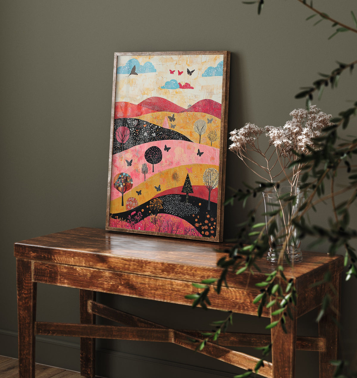 Rolling Hills Landscape Art Print - Butterfly Meadow Poster - Folk Art Painting - Fuchsia Taupe and Jet 2/3