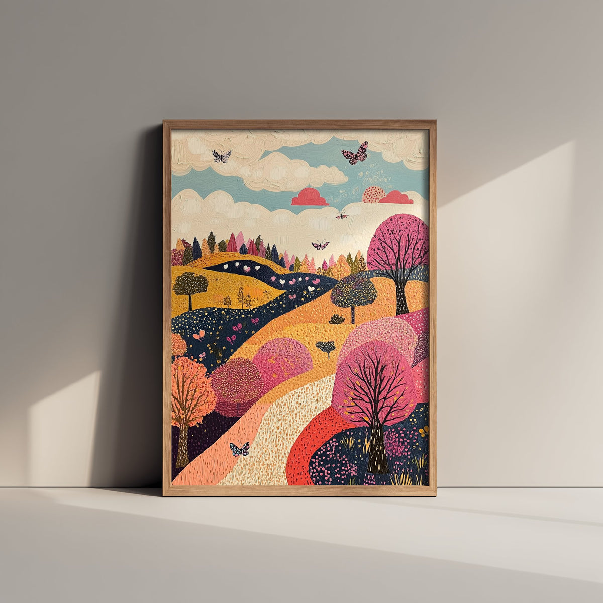 Rolling Hills Landscape Art Print - Butterfly Meadow Poster - Folk Art Painting - Fuchsia Taupe and Jet 3/3