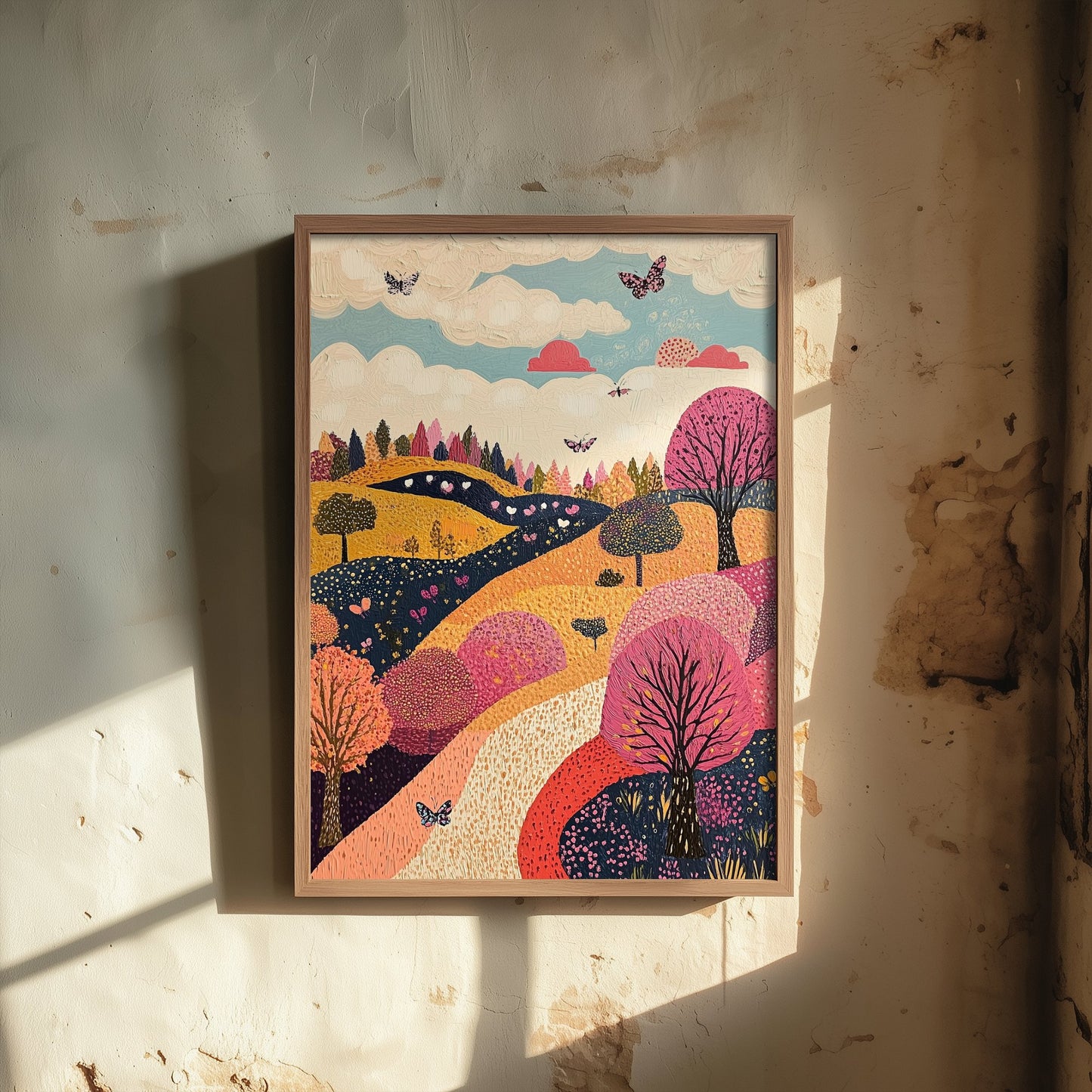 Rolling Hills Landscape Art Print - Butterfly Meadow Poster - Folk Art Painting - Fuchsia Taupe and Jet 3/3