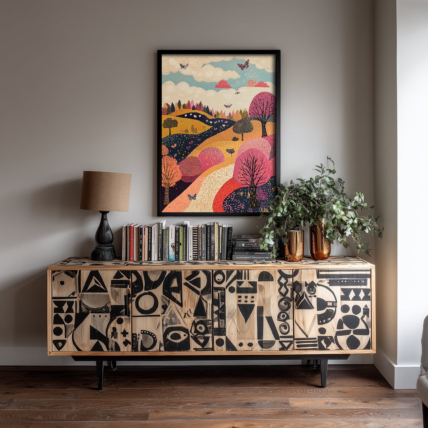 Rolling Hills Landscape Art Print - Butterfly Meadow Poster - Folk Art Painting - Fuchsia Taupe and Jet 3/3