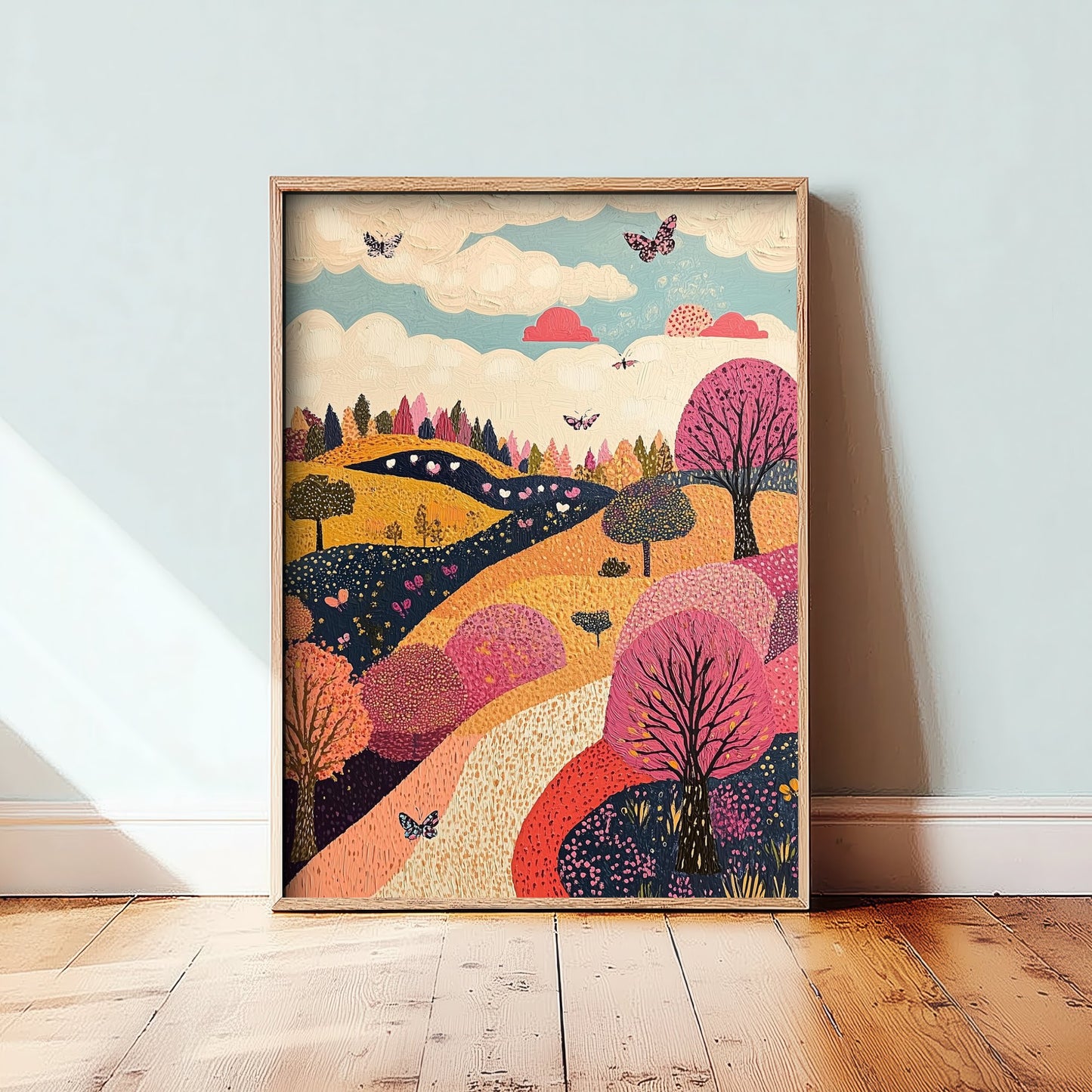 Rolling Hills Landscape Art Print - Butterfly Meadow Poster - Folk Art Painting - Fuchsia Taupe and Jet 3/3