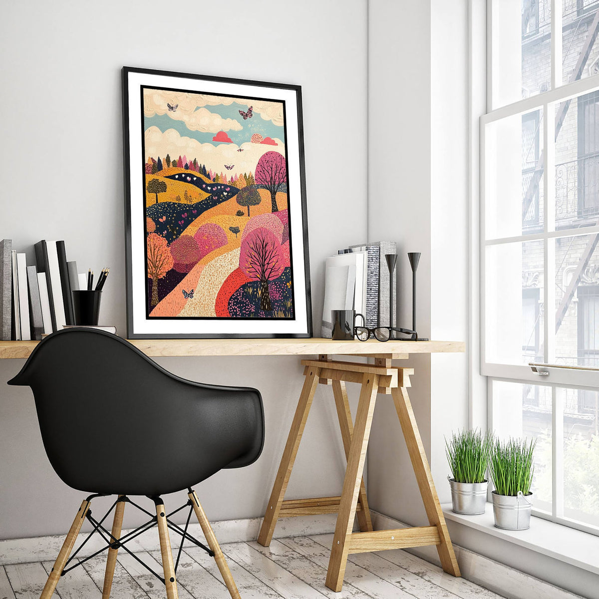 Rolling Hills Landscape Art Print - Butterfly Meadow Poster - Folk Art Painting - Fuchsia Taupe and Jet 3/3