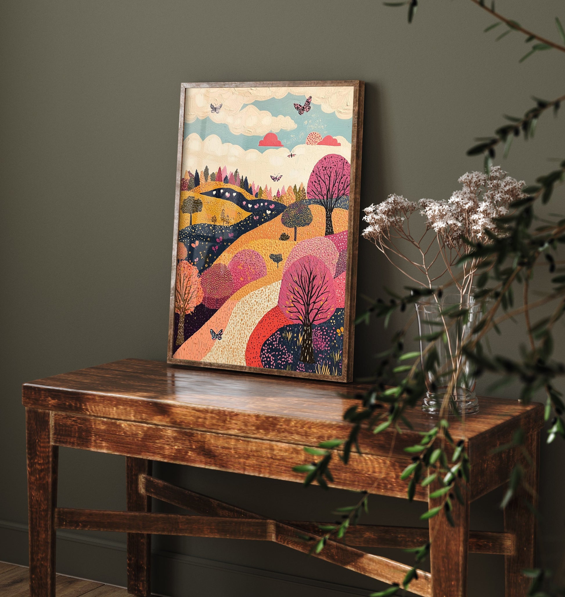 Rolling Hills Landscape Art Print - Butterfly Meadow Poster - Folk Art Painting - Fuchsia Taupe and Jet 3/3