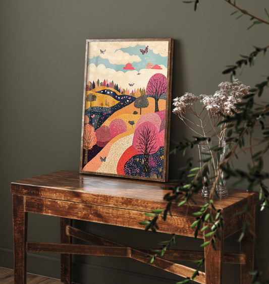 Rolling Hills Landscape Art Print - Butterfly Meadow Poster - Folk Art Painting - Fuchsia Taupe and Jet 3/3
