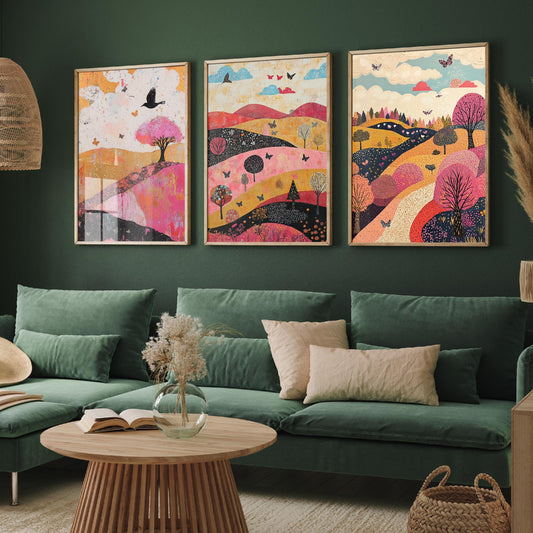 Rolling Hills Butterfly Set of Three Art Prints - Fuchsia Taupe and Jet - Folk Meadow Poster Illustration Gift
