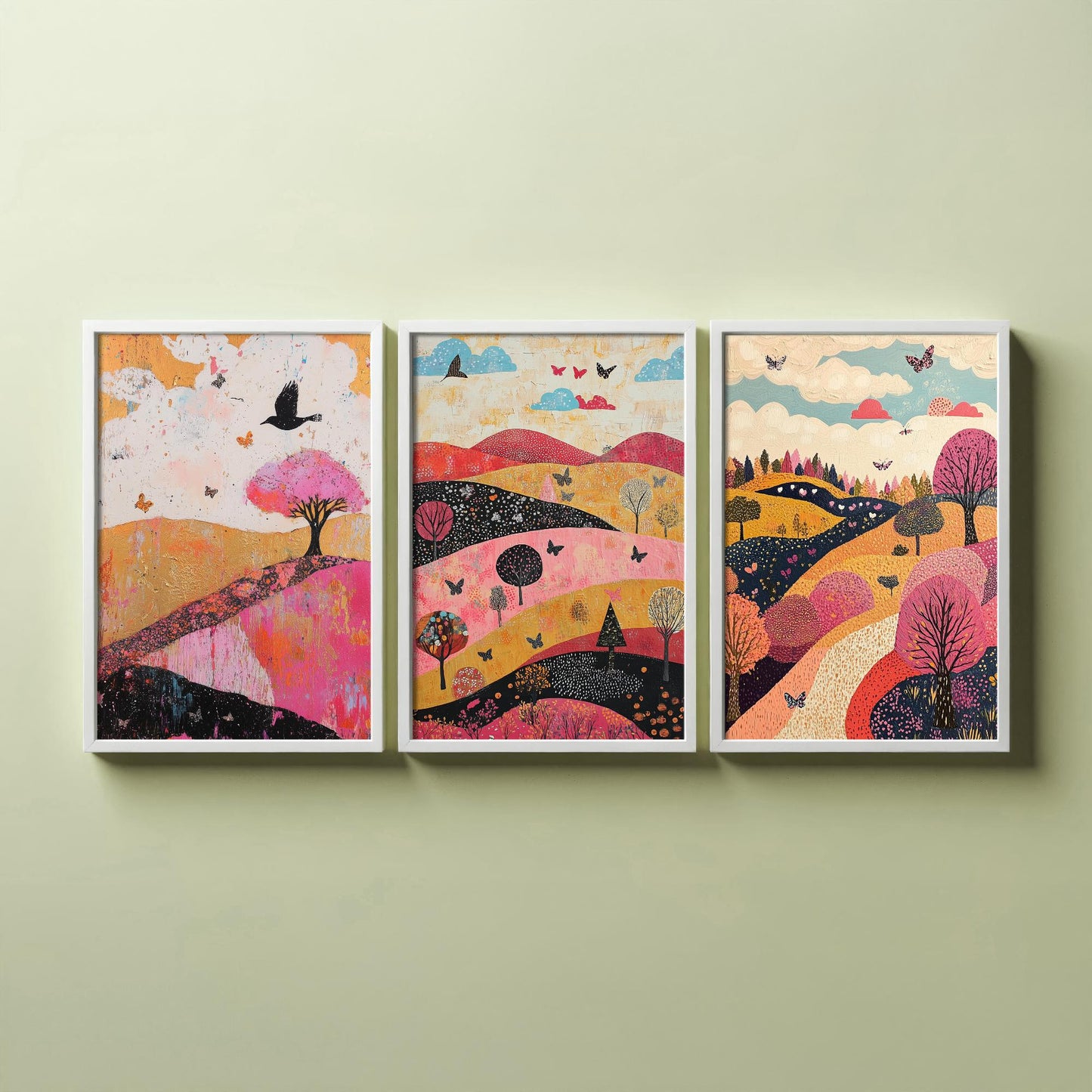 Rolling Hills Butterfly Set of Three Art Prints - Fuchsia Taupe and Jet - Folk Meadow Poster Illustration Gift