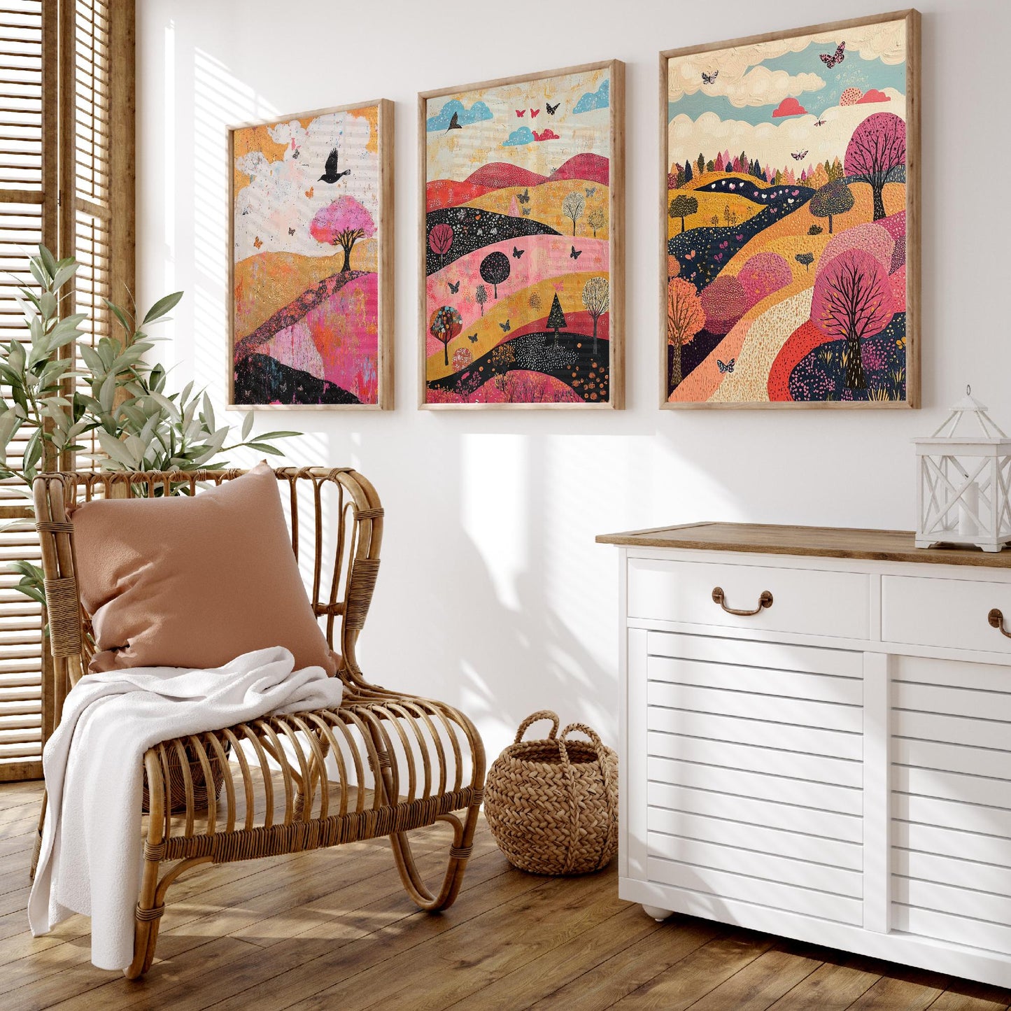 Rolling Hills Butterfly Set of Three Art Prints - Fuchsia Taupe and Jet - Folk Meadow Poster Illustration Gift