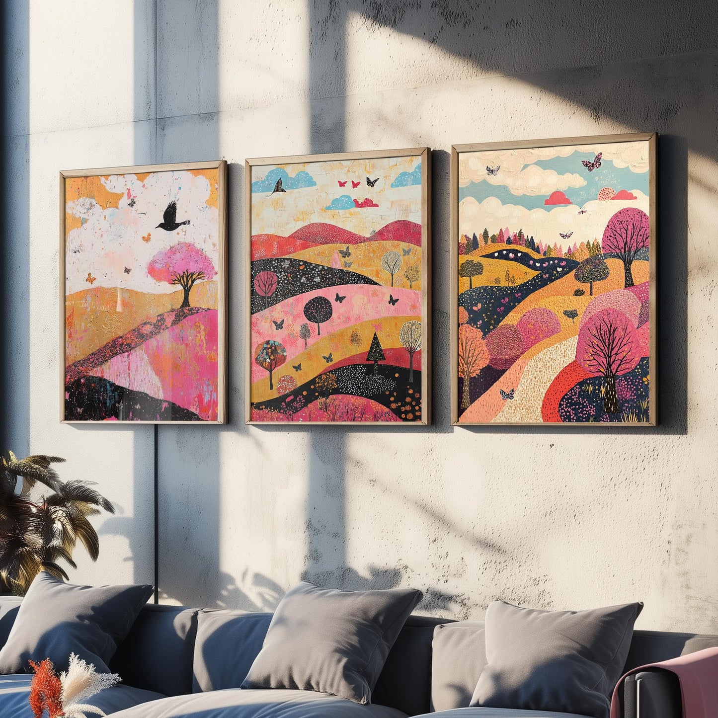 Rolling Hills Butterfly Set of Three Art Prints - Fuchsia Taupe and Jet - Folk Meadow Poster Illustration Gift