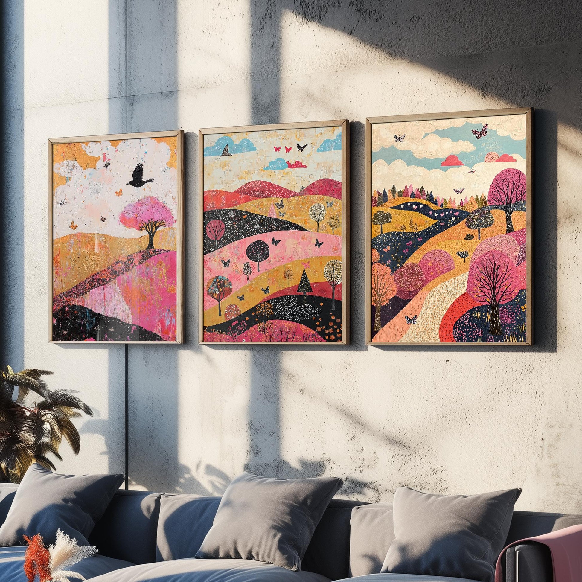 Rolling Hills Butterfly Set of Three Art Prints - Fuchsia Taupe and Jet - Folk Meadow Poster Illustration Gift