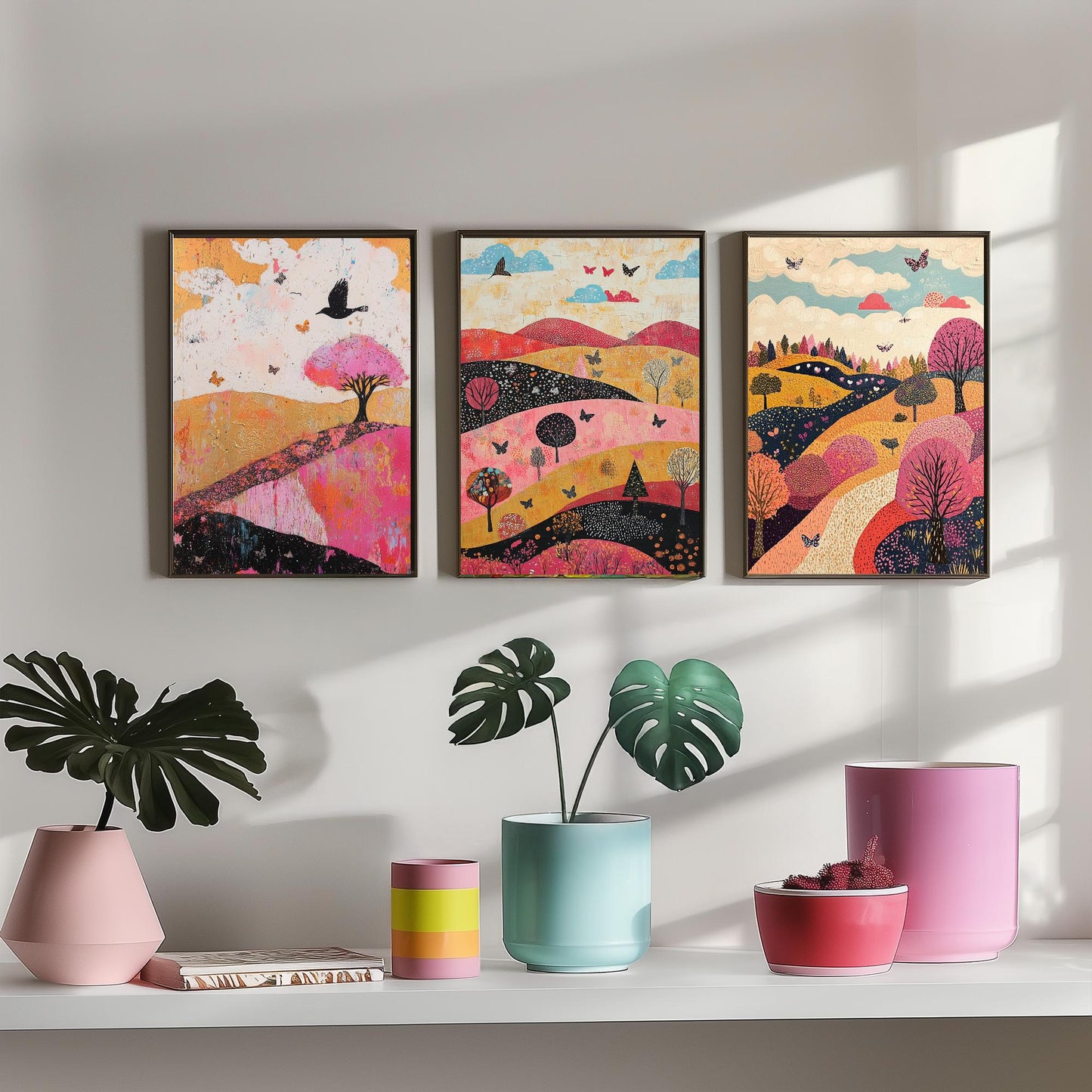 Rolling Hills Butterfly Set of Three Art Prints - Fuchsia Taupe and Jet - Folk Meadow Poster Illustration Gift