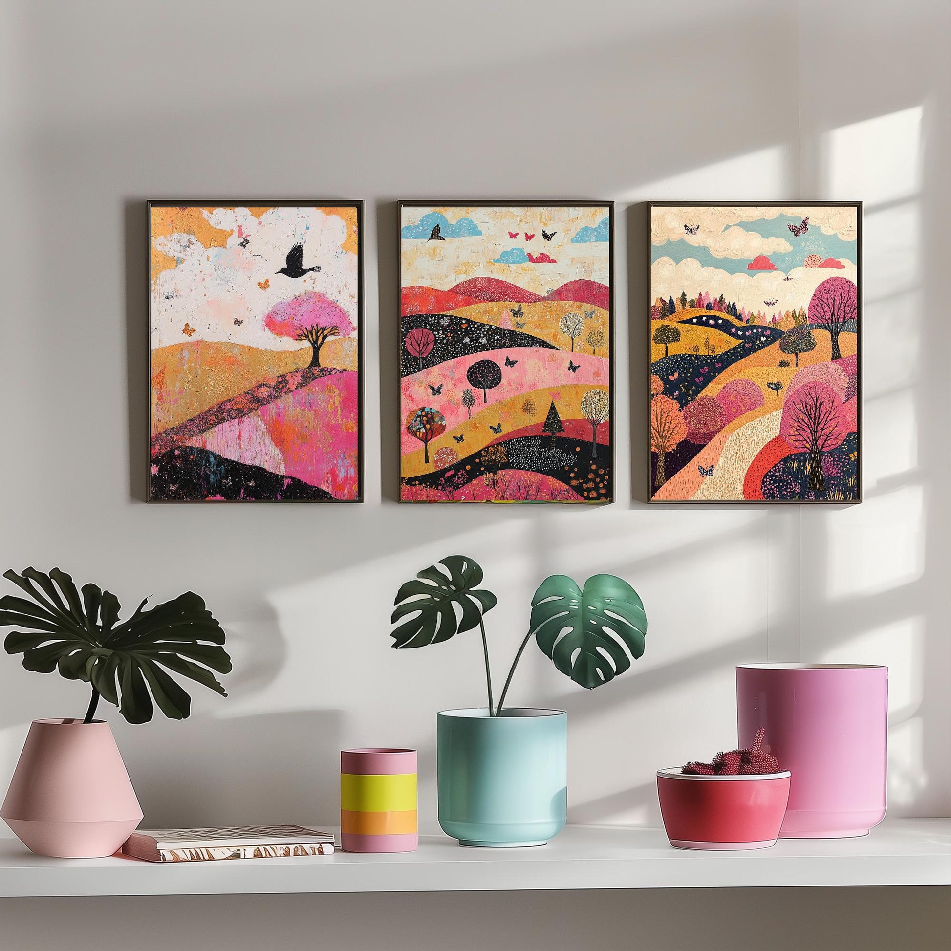 Rolling Hills Butterfly Set of Three Art Prints - Fuchsia Taupe and Jet - Folk Meadow Poster Illustration Gift