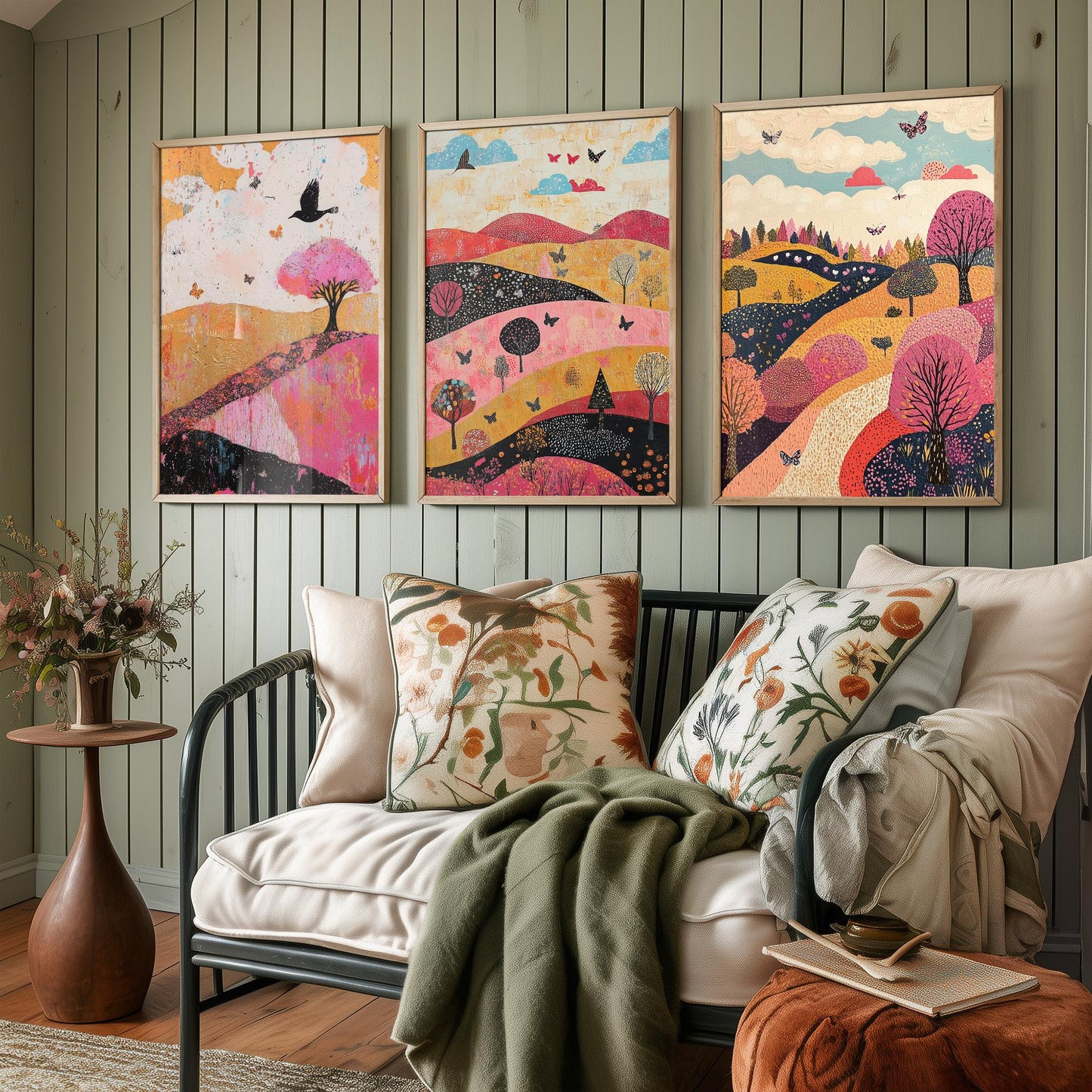 Rolling Hills Butterfly Set of Three Art Prints - Fuchsia Taupe and Jet - Folk Meadow Poster Illustration Gift