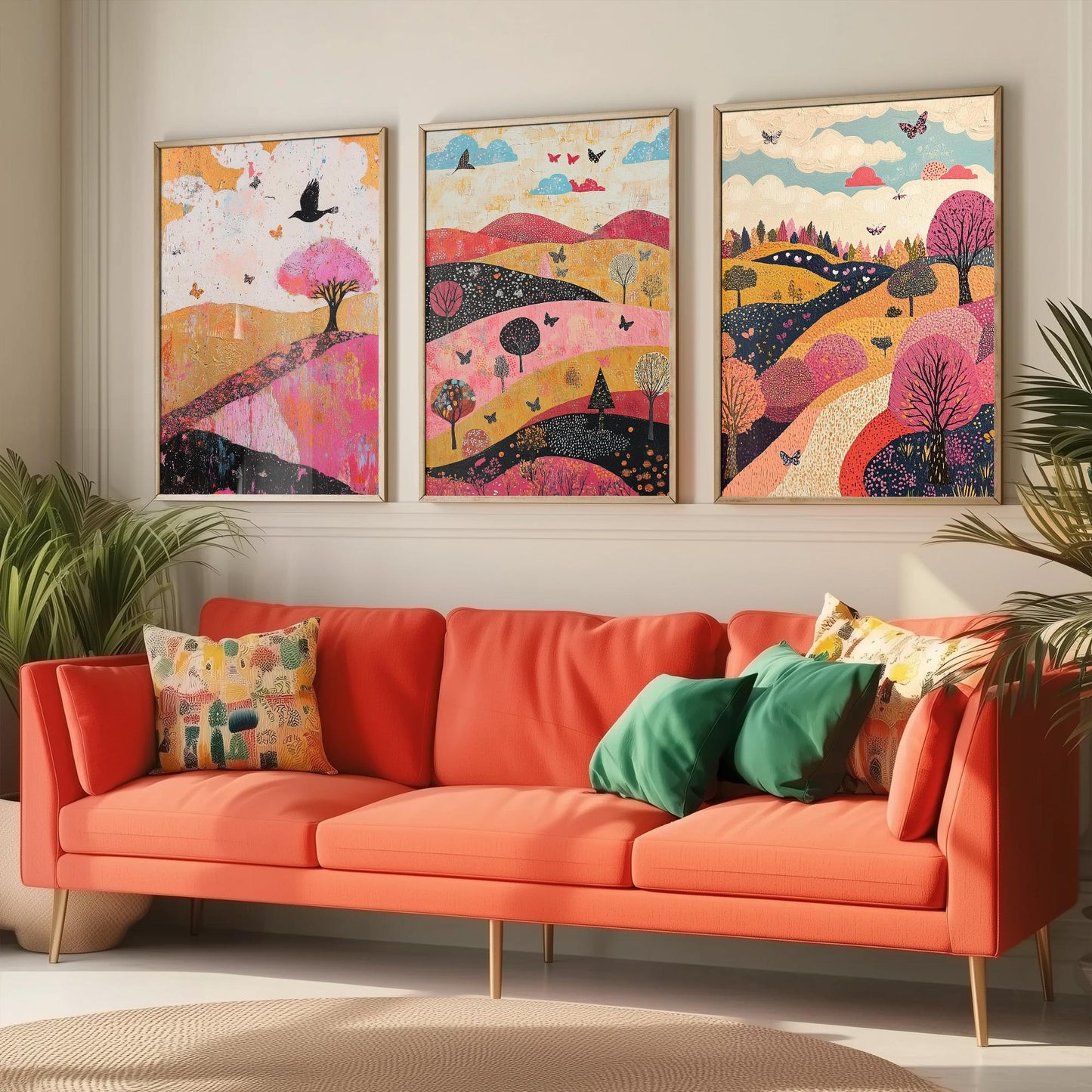 Rolling Hills Butterfly Set of Three Art Prints - Fuchsia Taupe and Jet - Folk Meadow Poster Illustration Gift