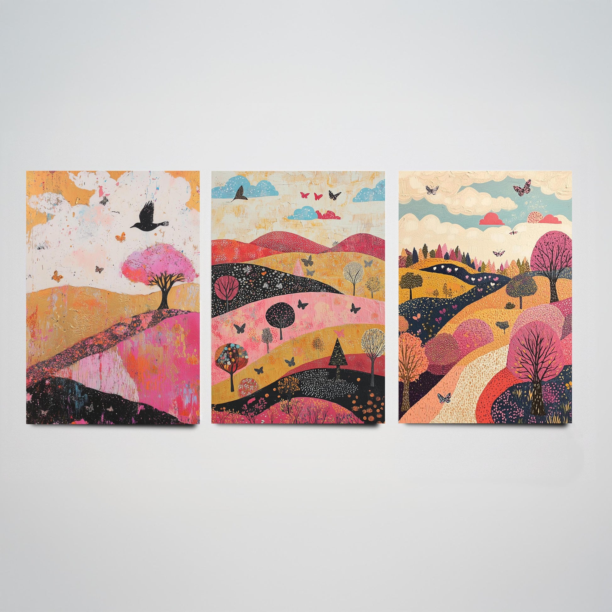 Rolling Hills Butterfly Set of Three Art Prints - Fuchsia Taupe and Jet - Folk Meadow Poster Illustration Gift