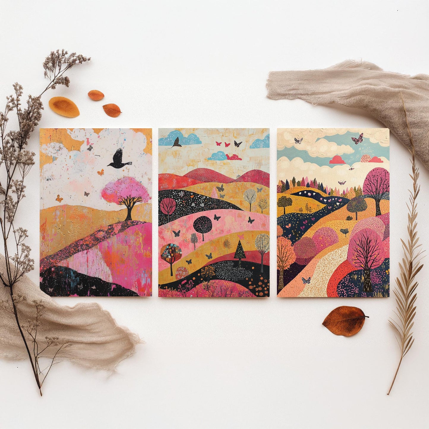Rolling Hills Butterfly Set of Three Art Prints - Fuchsia Taupe and Jet - Folk Meadow Poster Illustration Gift
