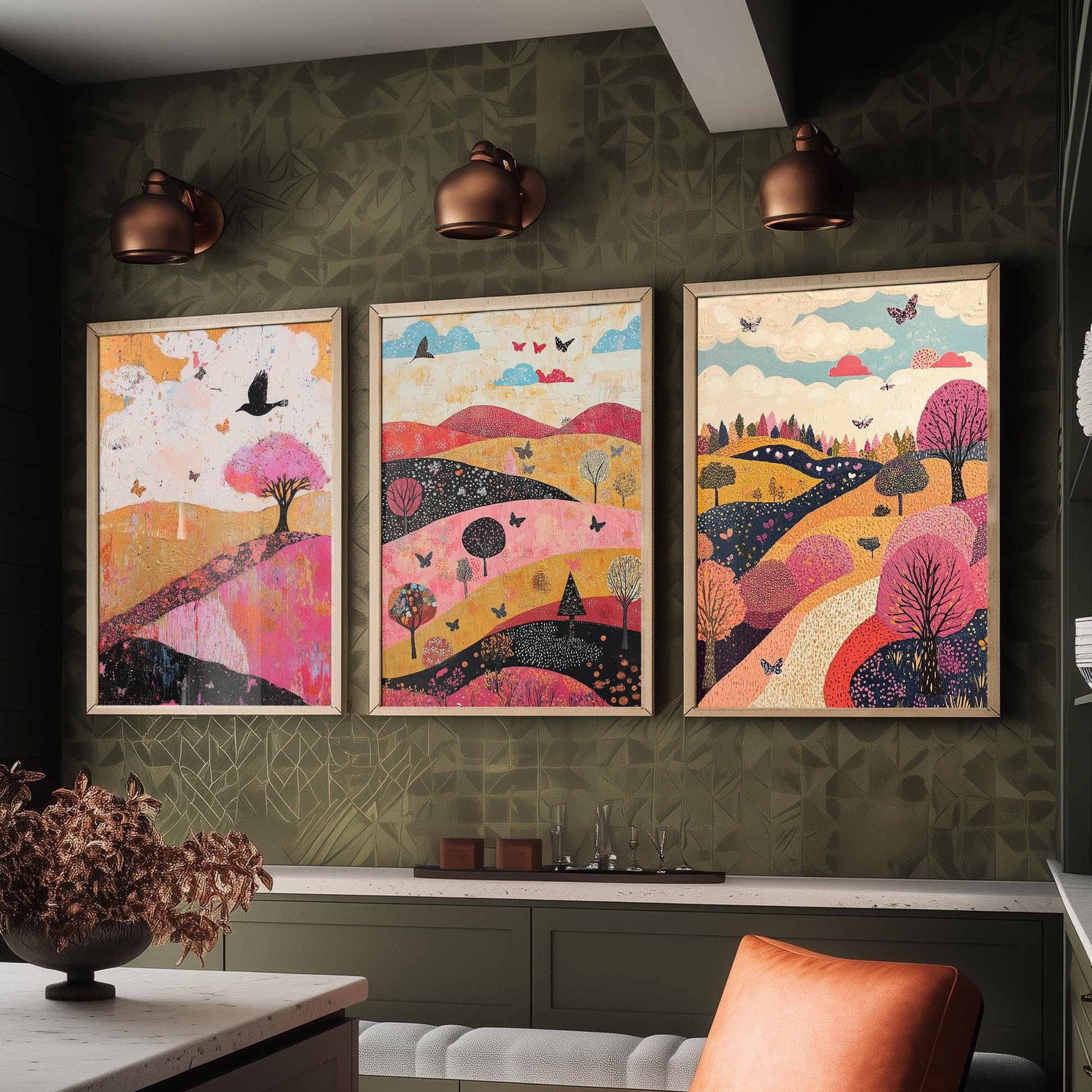 Rolling Hills Butterfly Set of Three Art Prints - Fuchsia Taupe and Jet - Folk Meadow Poster Illustration Gift
