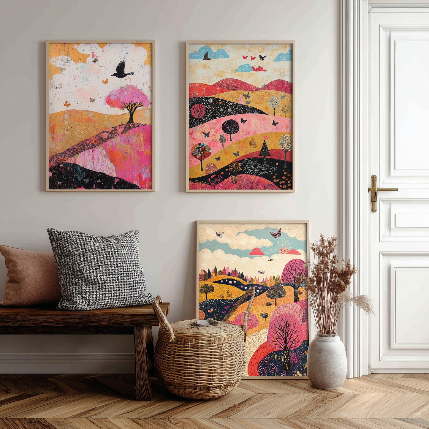 Rolling Hills Butterfly Set of Three Art Prints - Fuchsia Taupe and Jet - Folk Meadow Poster Illustration Gift