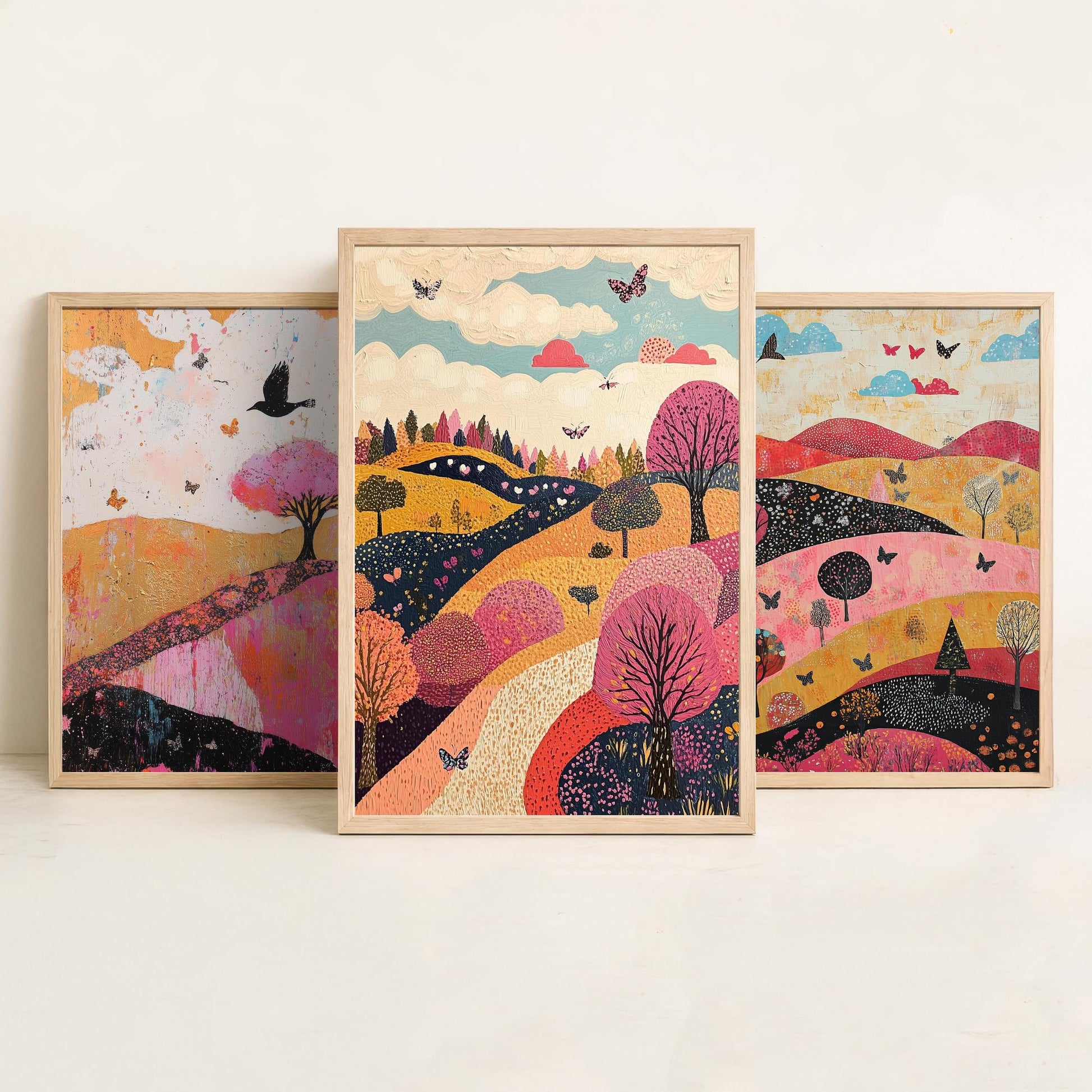 Rolling Hills Butterfly Set of Three Art Prints - Fuchsia Taupe and Jet - Folk Meadow Poster Illustration Gift