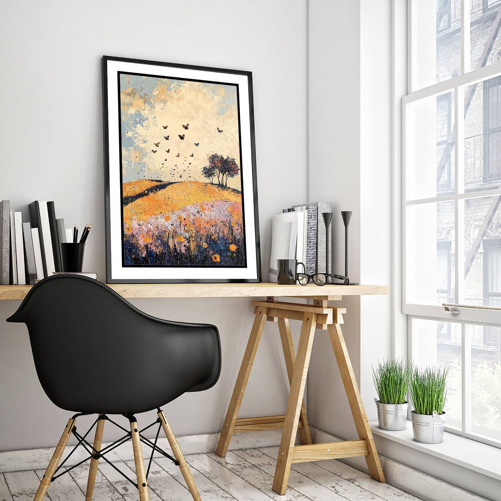 Rolling Hills Landscape Art Print - Butterfly Meadow Poster - Folk Art Painting - Ginger Navy and Lilac 1/3