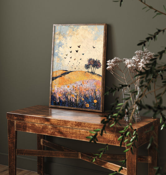Rolling Hills Landscape Art Print - Butterfly Meadow Poster - Folk Art Painting - Ginger Navy and Lilac 1/3
