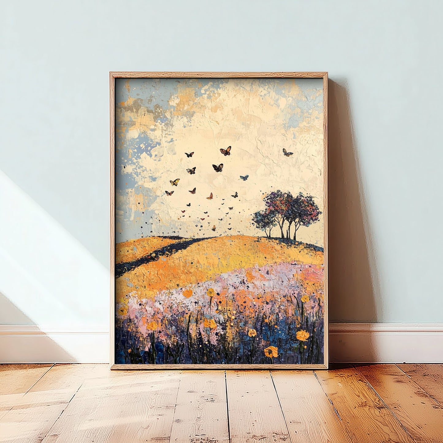 Rolling Hills Landscape Art Print - Butterfly Meadow Poster - Folk Art Painting - Ginger Navy and Lilac 1/3