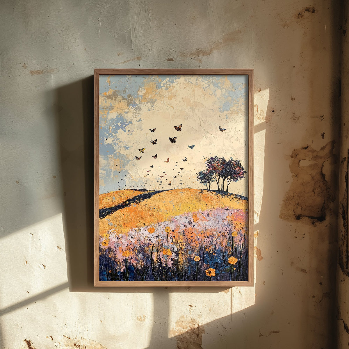 Rolling Hills Landscape Art Print - Butterfly Meadow Poster - Folk Art Painting - Ginger Navy and Lilac 1/3