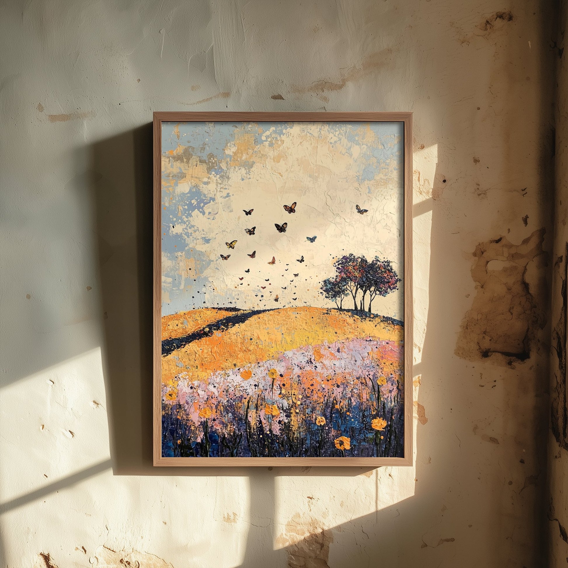 Rolling Hills Landscape Art Print - Butterfly Meadow Poster - Folk Art Painting - Ginger Navy and Lilac 1/3