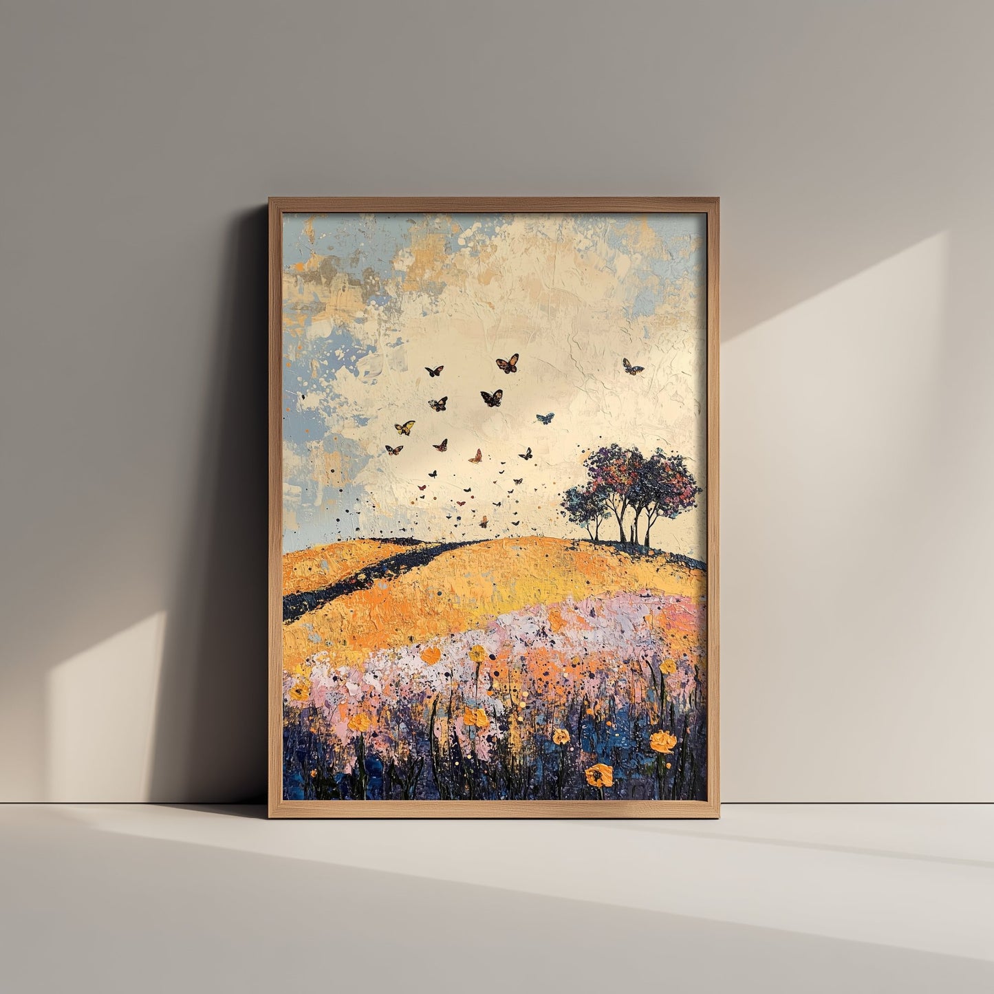 Rolling Hills Landscape Art Print - Butterfly Meadow Poster - Folk Art Painting - Ginger Navy and Lilac 1/3
