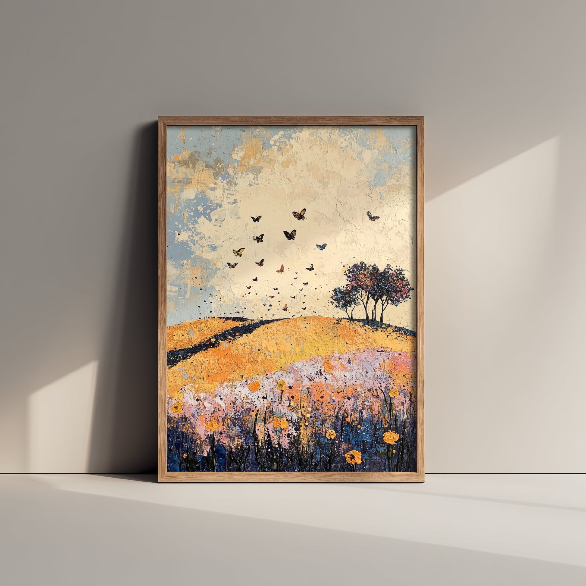 Rolling Hills Landscape Art Print - Butterfly Meadow Poster - Folk Art Painting - Ginger Navy and Lilac 1/3