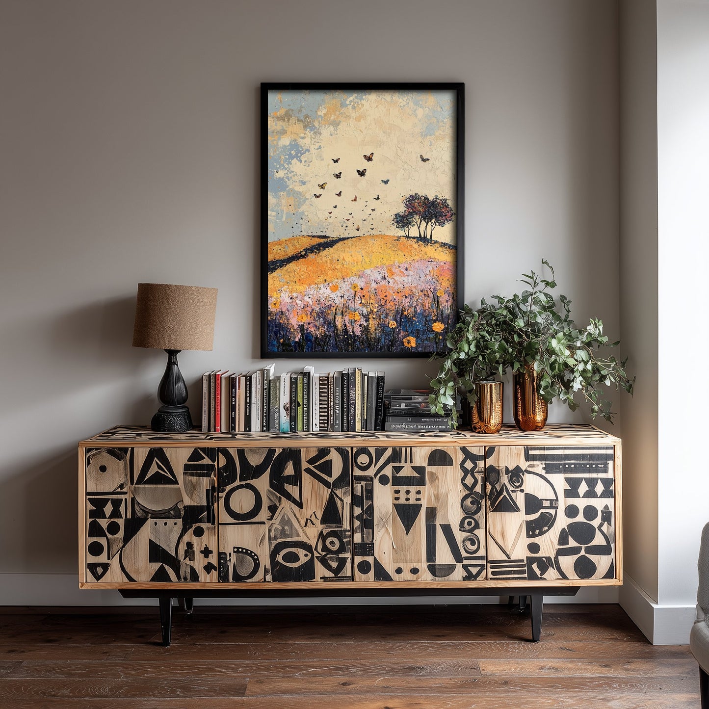 Rolling Hills Landscape Art Print - Butterfly Meadow Poster - Folk Art Painting - Ginger Navy and Lilac 1/3