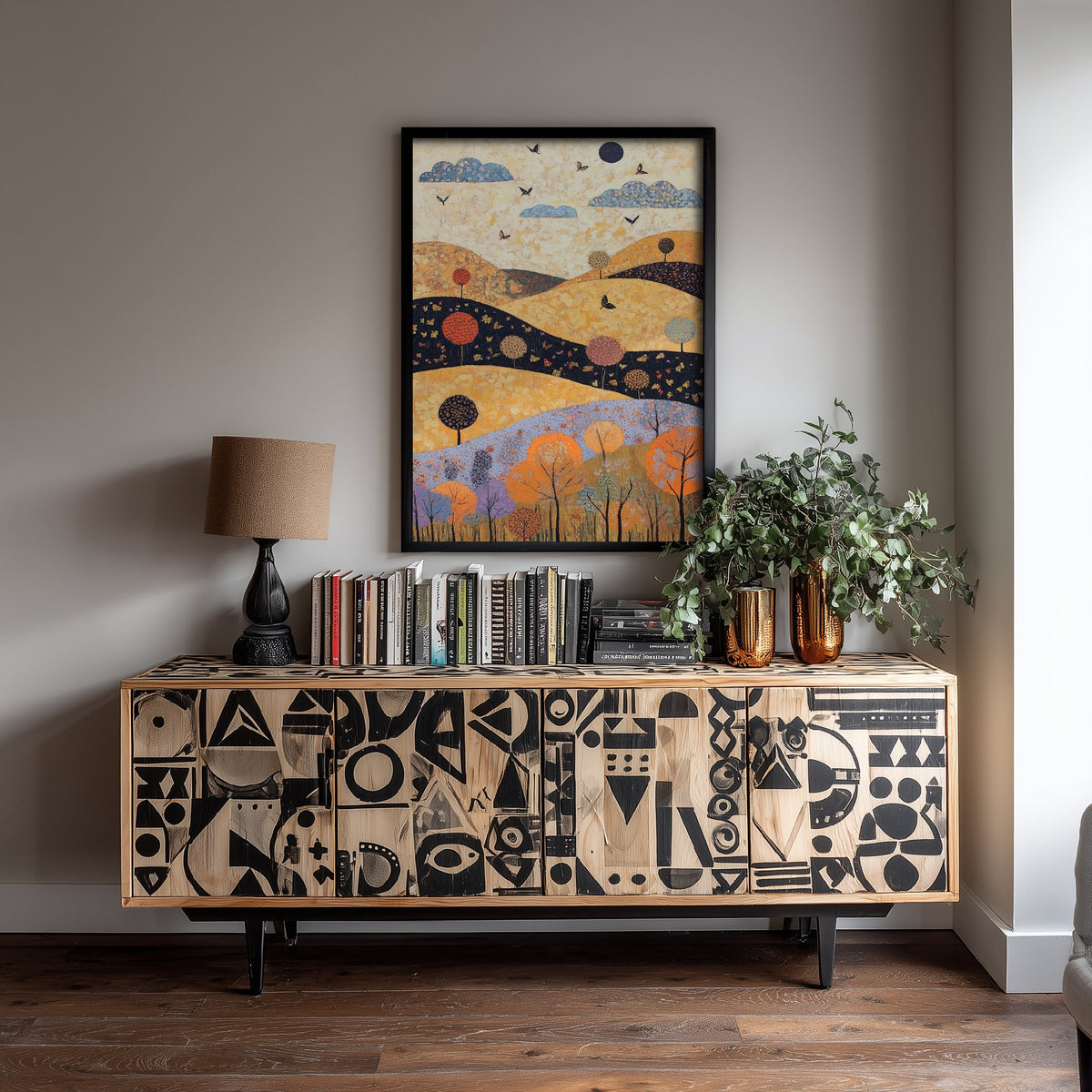 Rolling Hills Landscape Art Print - Butterfly Meadow Poster - Folk Art Painting - Ginger Navy and Lilac 2/3