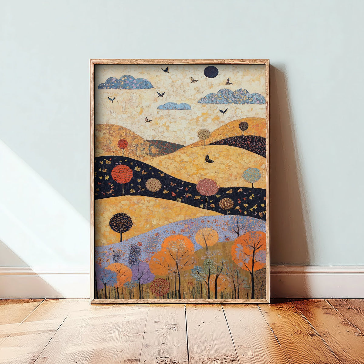Rolling Hills Landscape Art Print - Butterfly Meadow Poster - Folk Art Painting - Ginger Navy and Lilac 2/3