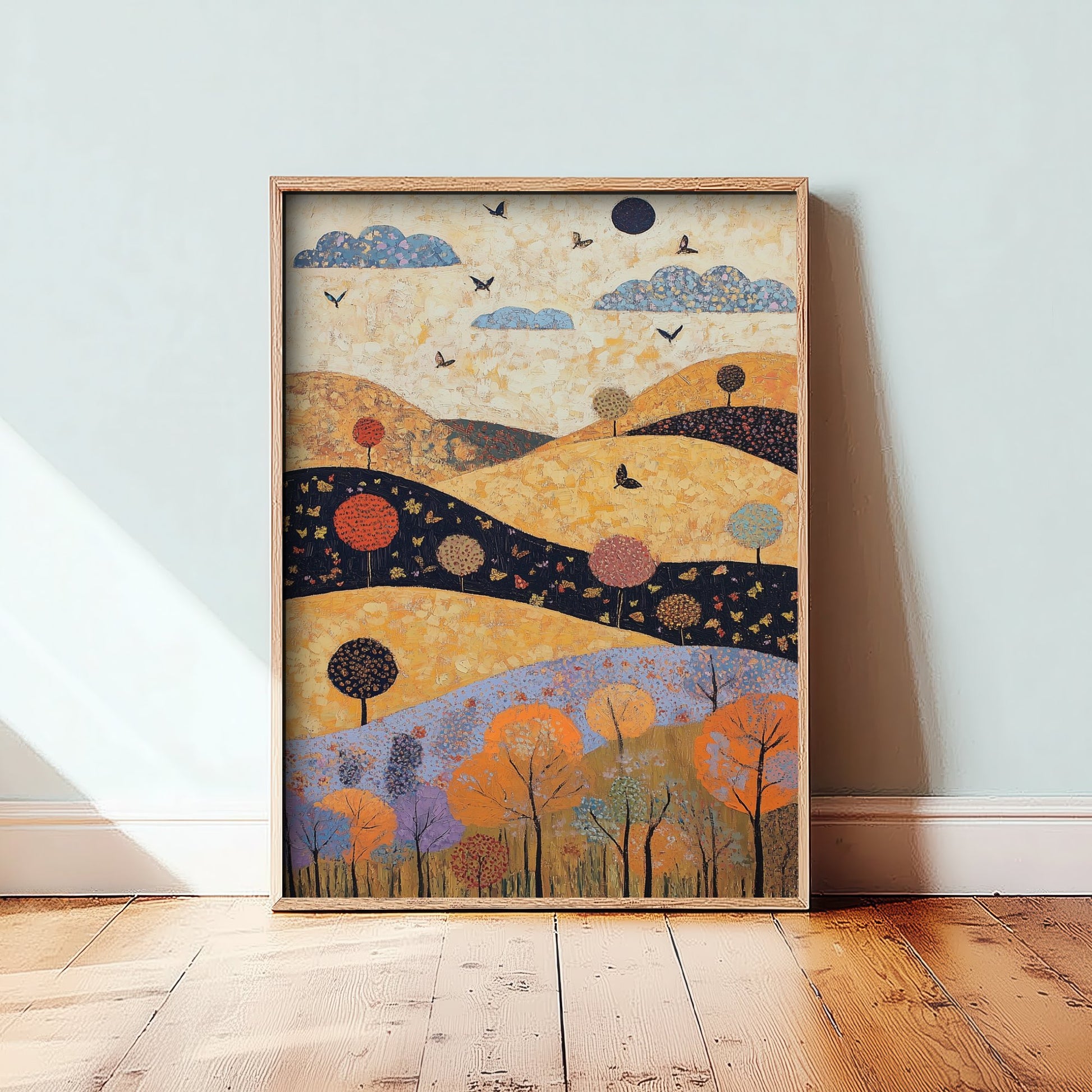 Rolling Hills Landscape Art Print - Butterfly Meadow Poster - Folk Art Painting - Ginger Navy and Lilac 2/3