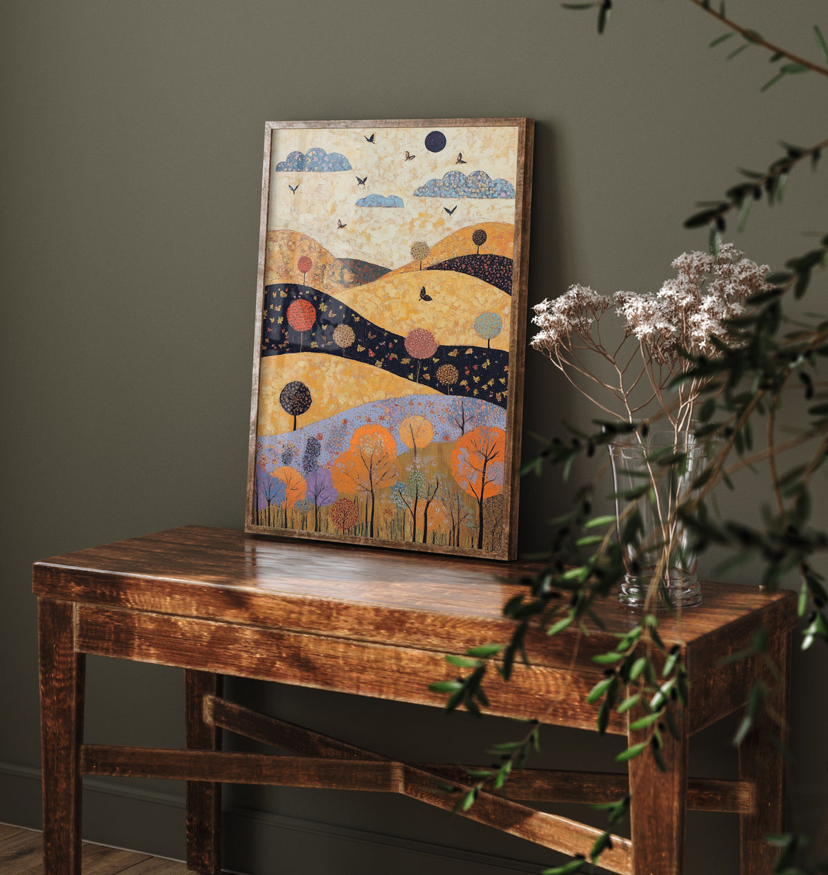 Rolling Hills Landscape Art Print - Butterfly Meadow Poster - Folk Art Painting - Ginger Navy and Lilac 2/3