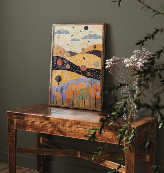 Rolling Hills Landscape Art Print - Butterfly Meadow Poster - Folk Art Painting - Ginger Navy and Lilac 2/3