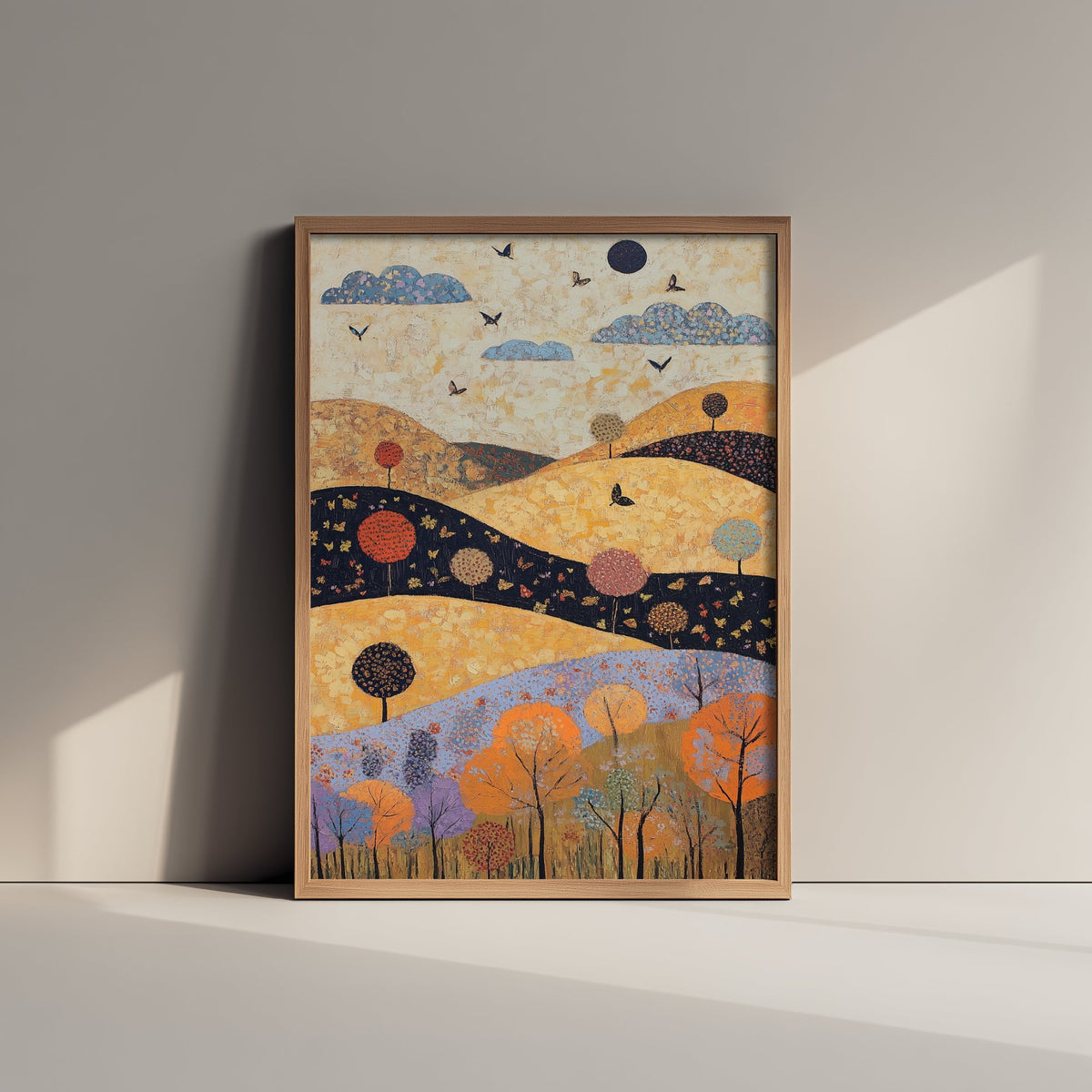 Rolling Hills Landscape Art Print - Butterfly Meadow Poster - Folk Art Painting - Ginger Navy and Lilac 2/3
