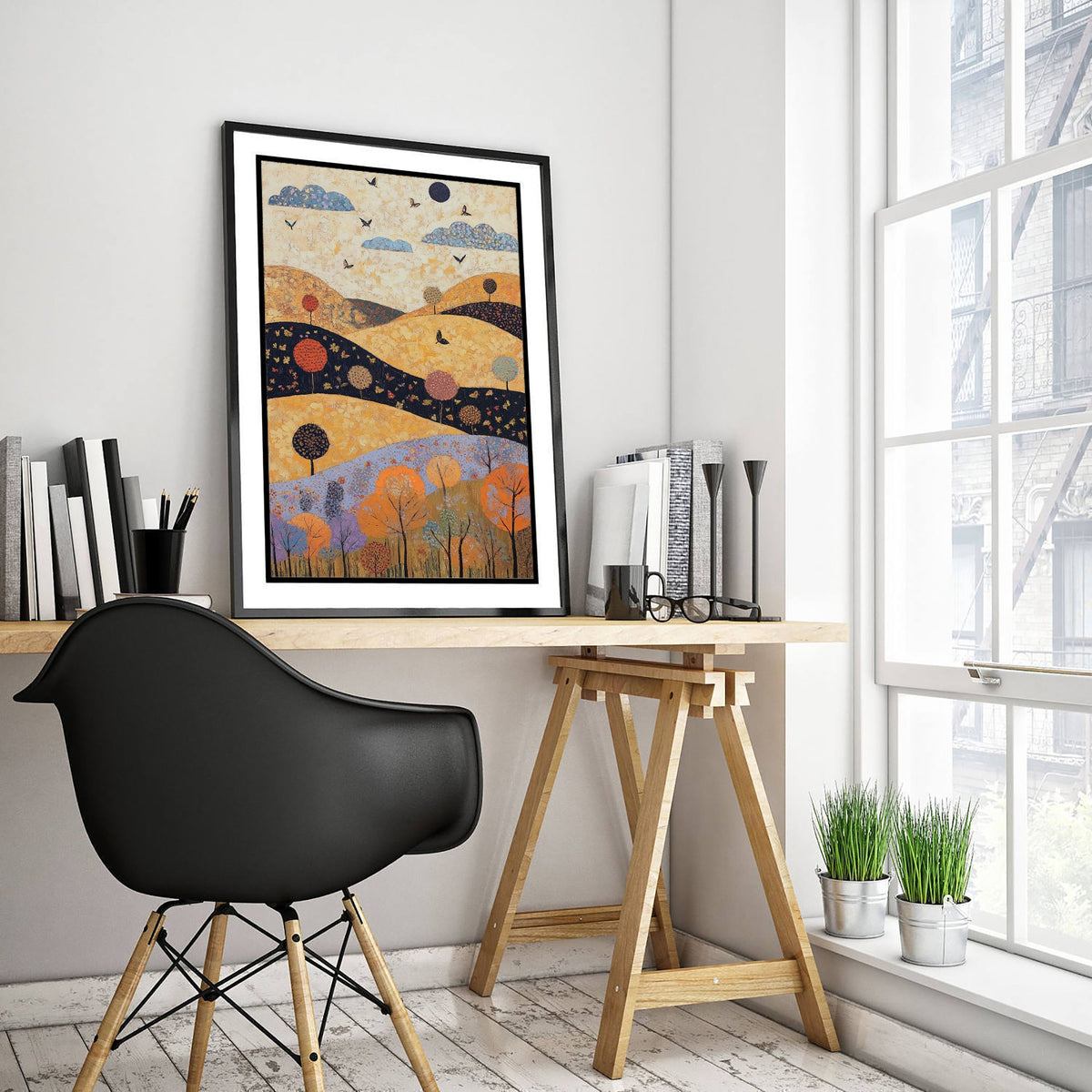 Rolling Hills Landscape Art Print - Butterfly Meadow Poster - Folk Art Painting - Ginger Navy and Lilac 2/3