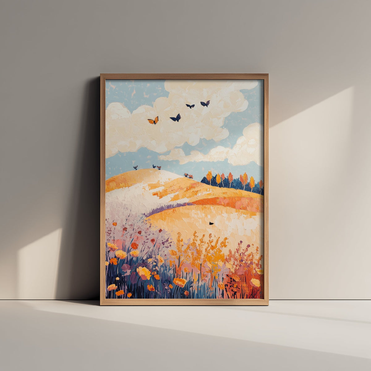 Rolling Hills Landscape Art Print - Butterfly Meadow Poster - Folk Art Painting - Ginger Navy and Lilac 3/3