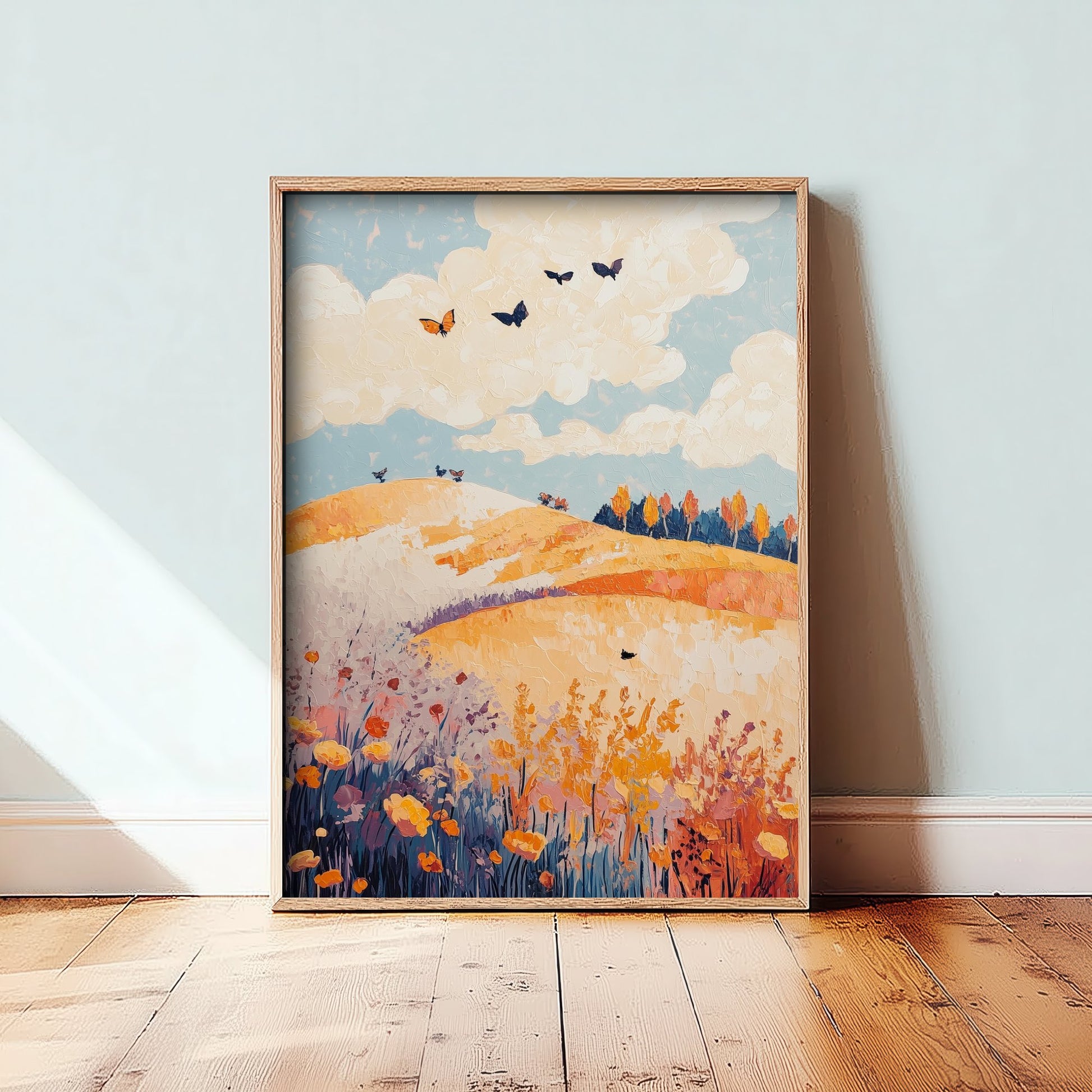 Rolling Hills Landscape Art Print - Butterfly Meadow Poster - Folk Art Painting - Ginger Navy and Lilac 3/3