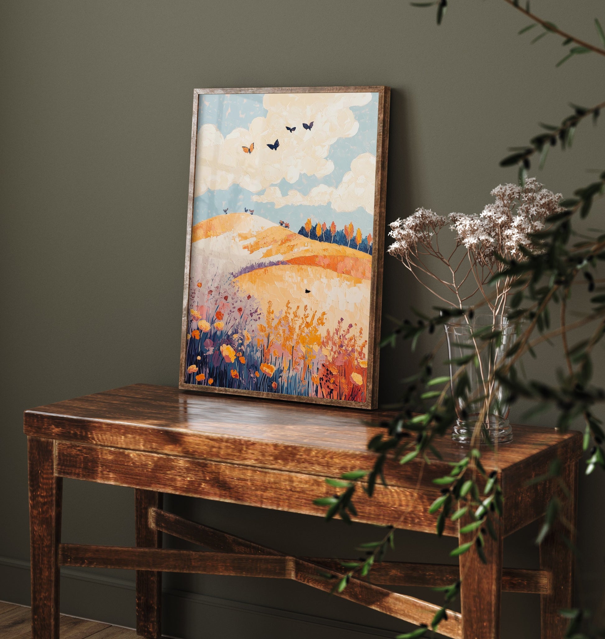 Rolling Hills Landscape Art Print - Butterfly Meadow Poster - Folk Art Painting - Ginger Navy and Lilac 3/3