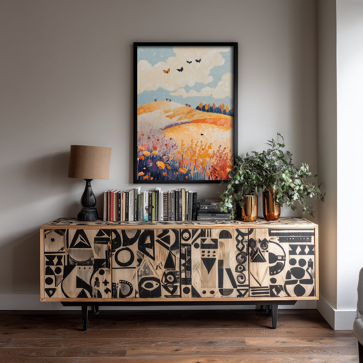 Rolling Hills Landscape Art Print - Butterfly Meadow Poster - Folk Art Painting - Ginger Navy and Lilac 3/3