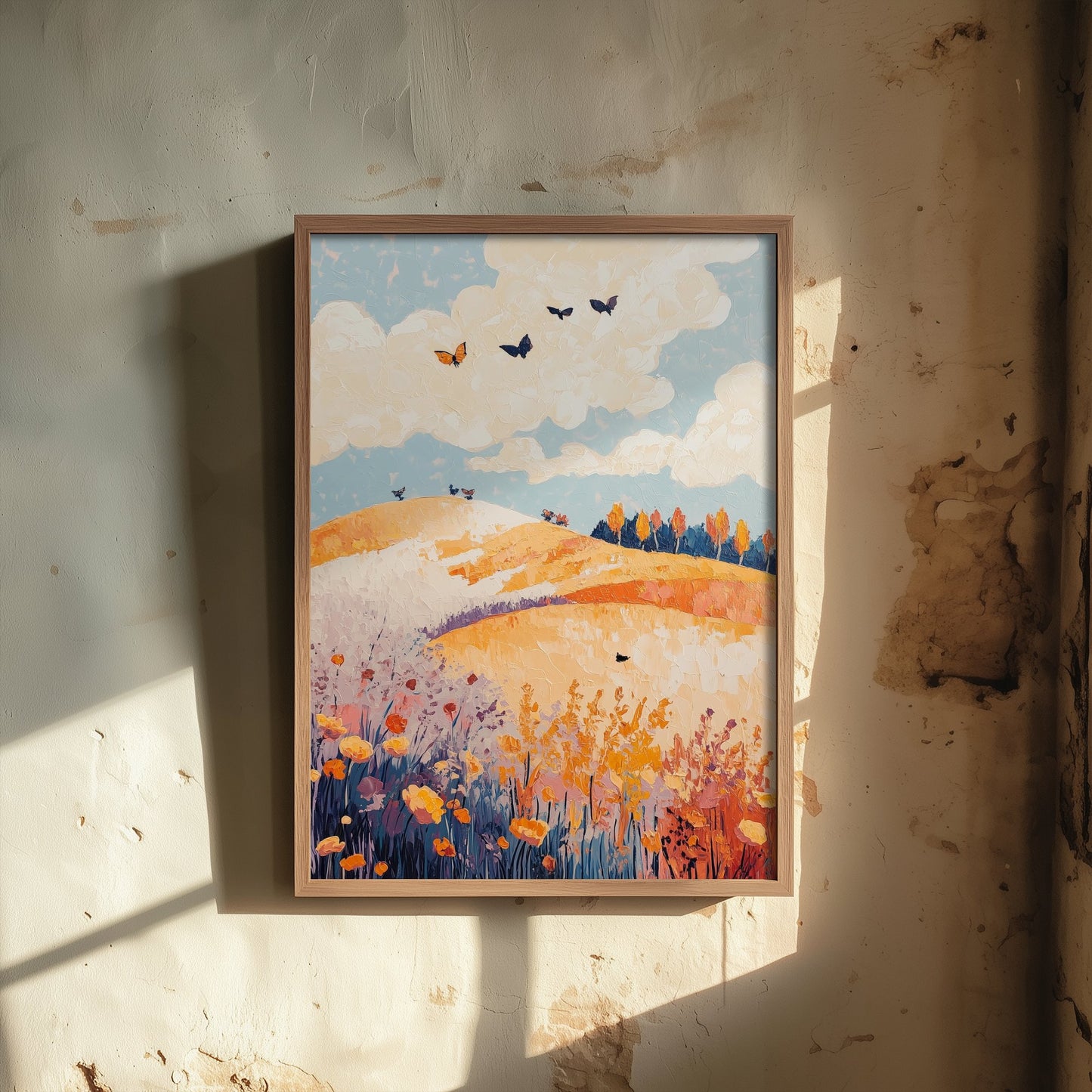 Rolling Hills Landscape Art Print - Butterfly Meadow Poster - Folk Art Painting - Ginger Navy and Lilac 3/3
