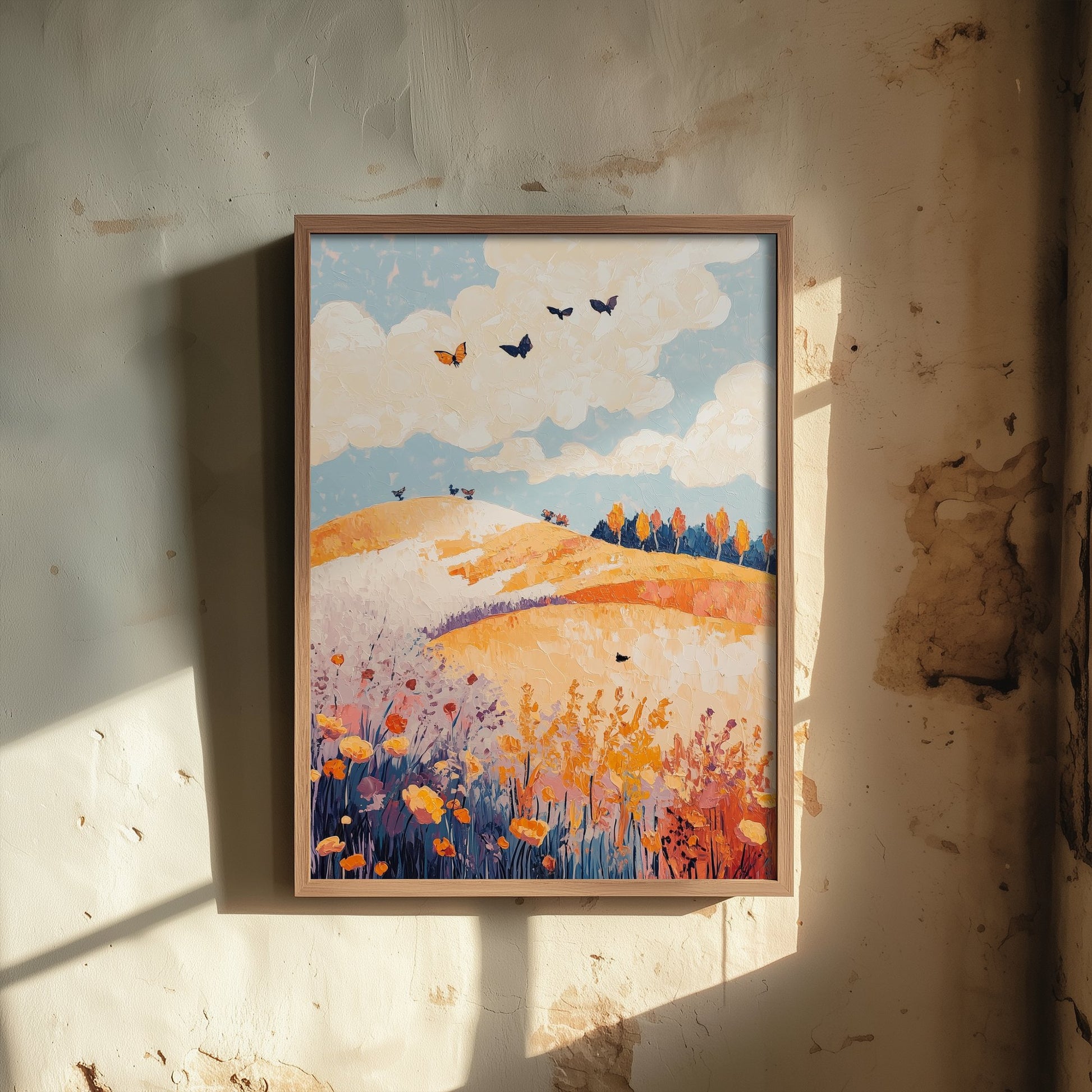 Rolling Hills Landscape Art Print - Butterfly Meadow Poster - Folk Art Painting - Ginger Navy and Lilac 3/3