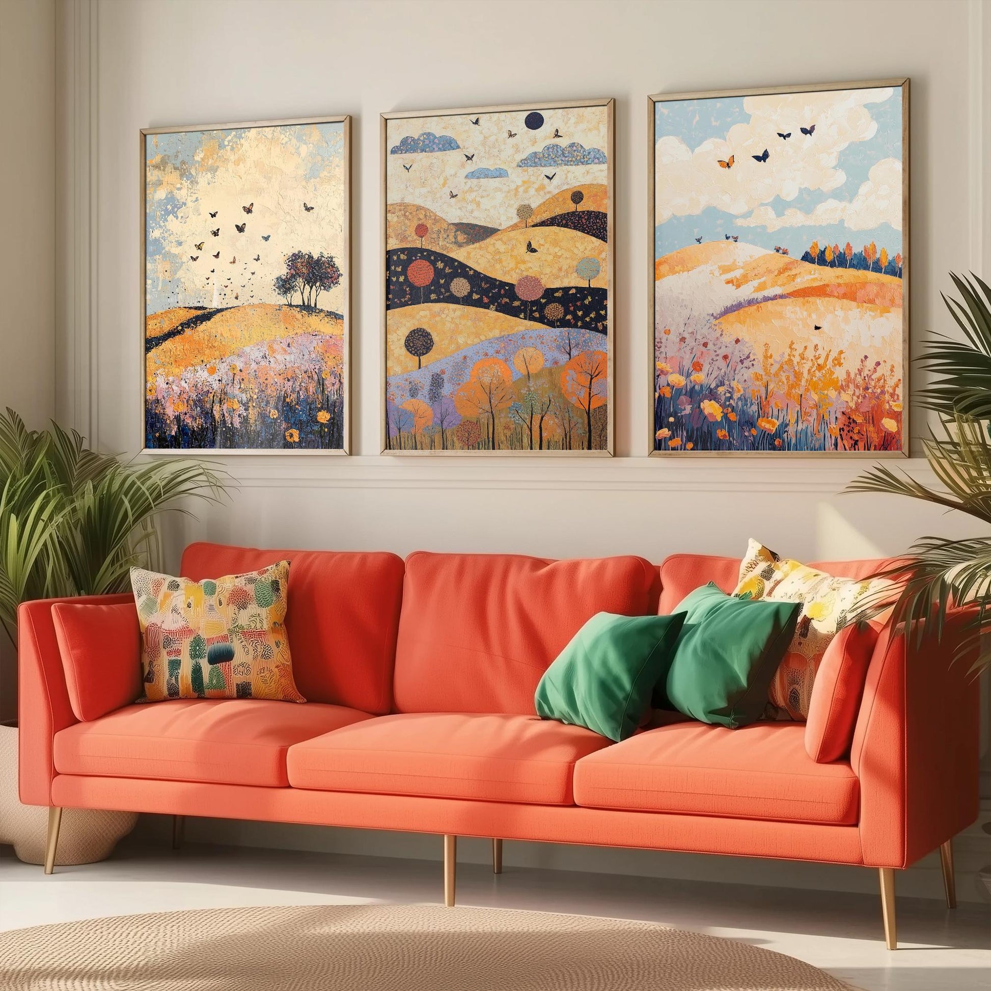 Rolling Hills Butterfly Set of Three Art Prints - Ginger Navy and Lilac - Folk Meadow Poster Illustration Gift