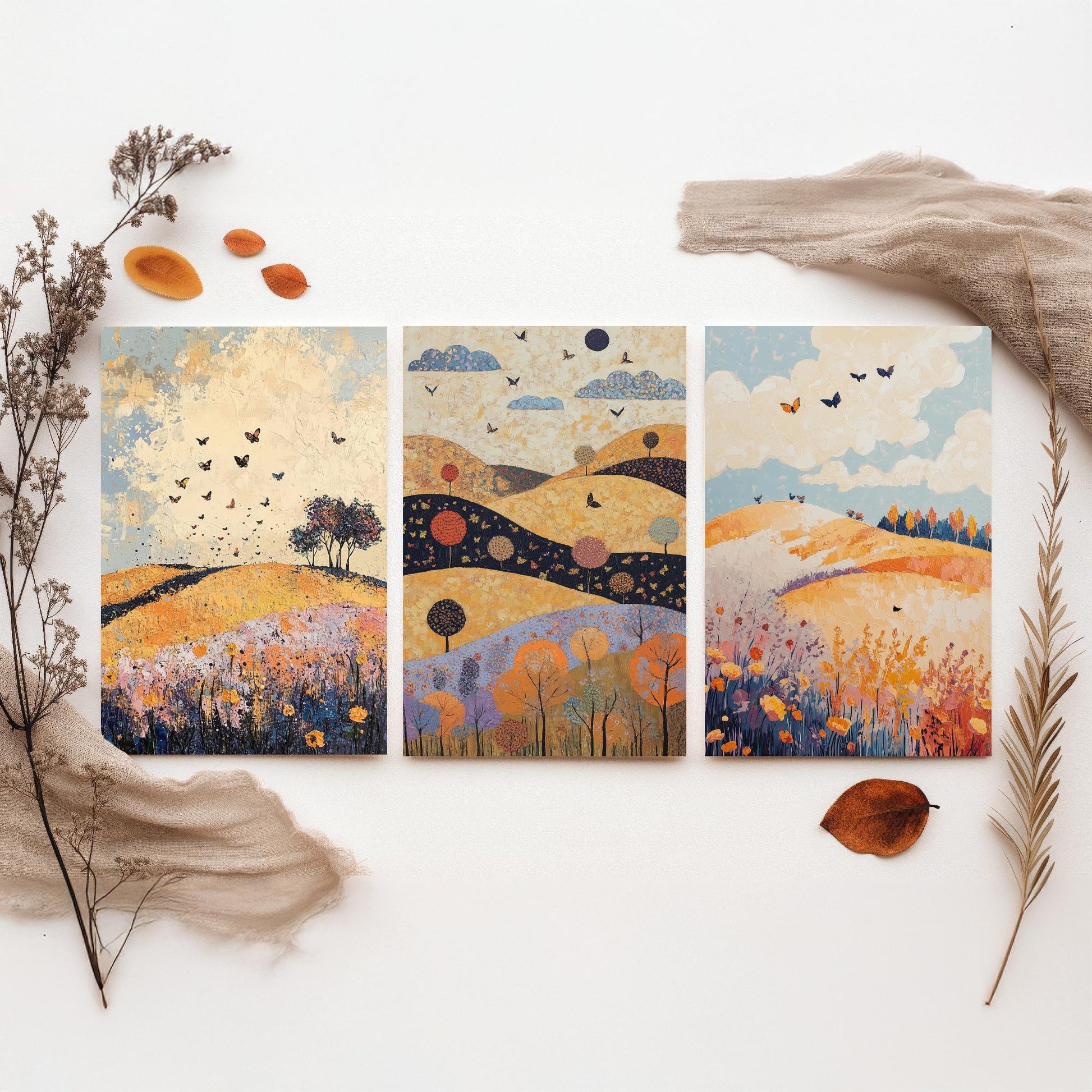 Rolling Hills Butterfly Set of Three Art Prints - Ginger Navy and Lilac - Folk Meadow Poster Illustration Gift
