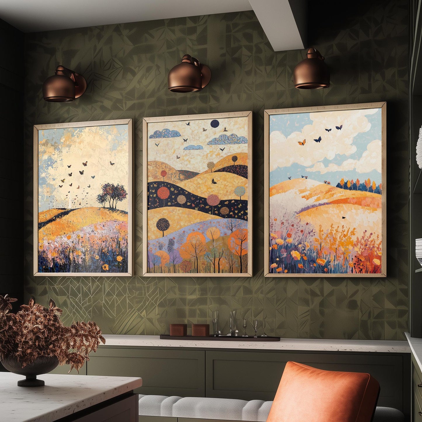 Rolling Hills Butterfly Set of Three Art Prints - Ginger Navy and Lilac - Folk Meadow Poster Illustration Gift